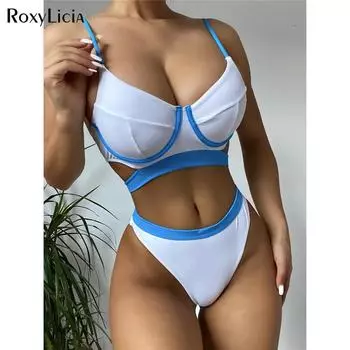 Сращивание бикини со средней талией, женский купальник, женский купальник, комплект из двух частей, мягкий купальный костюм, купальный костюм для женщин S синий/белый
