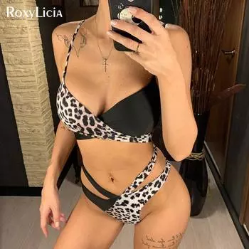 Сращивание бикини, женские купальники, женский купальник, комплект бикини со средней талией, асимметричный купальный костюм S леопардовый/чёрный