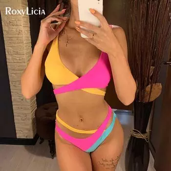 Сращивание бикини женский купальник женский купальник из двух частей комплект бикини асимметричный купальный костюм со средней талией S леопардовый/жёлтый