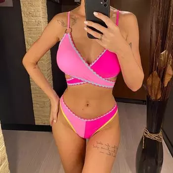 Сращивание бразильский бандаж бикини женский купальник женский купальник из двух частей бикини комплект купальный костюм женский купальник S розовый