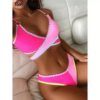 Сращивание бразильского бандажного бикини женский купальник женский купальник из двух частей комплект бикини купальный костюм плавать леди S розовый