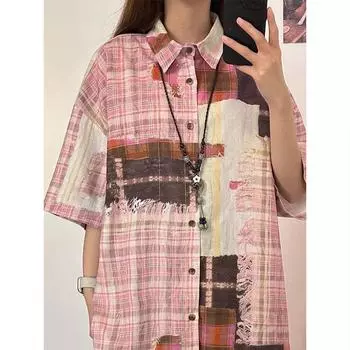 Сращивание Контрастная женская рубашка с короткими рукавами Японский ретро клетчатый топ потертая декоративная женская одежда M
