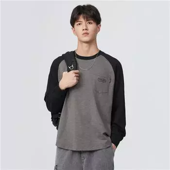 Сращивание контрастных цветов с длинными рукавами свитер футболка мужская весна и осень свободный круглый вырез без шапки пуловер повседневная куртка на одежде M