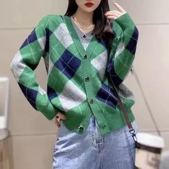 Сращивание ложных двух частей Love Buttons Вязаные топы осень и зима свитер куртка женский кардиган в ромбовидную клетку One size красный
