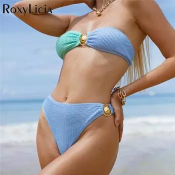 Сращивание морщинистой мятой бандо бикини женский купальник женский купальник из двух частей комплект бикини купальный костюм для плавания S чёрный