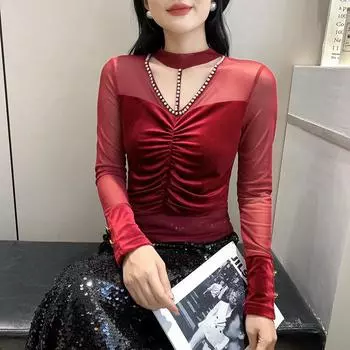 Сращивание нижняя рубашка женская зимняя иностранный стиль топ темперамент длинный рукав футболка S