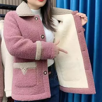 [Сращивание] Новое бархатное утолщенное пальто из овечьей шерсти, зимнее пальто для мамы, лопнувшее на раннюю весну, пальто из искусственной кожи XL fits 90-52.5kg