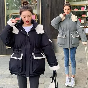 Сращивание овечьей шерсти средней и длинной длины, хлопковая одежда для женщин, зимняя, с утолщением на талии, теплая, ароматная, с ватой M чёрный