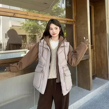 Сращивание поддельных двух частей хлопчатобумажной утепленной куртки для женщин, зимняя новая студенческая свободная хлопчатобумажная утепленная куртка в иностранном стиле M кофейный