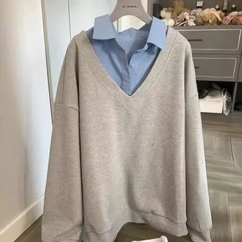Сращивание поддельных двух частей женский длинный рукав пуловер корейский стиль простые универсальные толстовки осенний свободный повседневный топ XS небесно-голубой