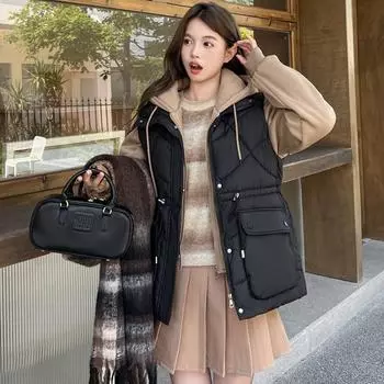 Сращивание поддельных двухкомпонентных хлопчатобумажных стеганых изделий для женщин, зимняя новая 2024 г., хлопчатобумажная стеганая одежда с капюшоном для женской утолщенной талии M хаки