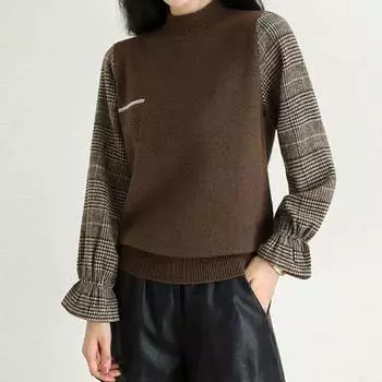 Сращивание поддельных двухсекционных свитеров для женщин осень-зима с длинным рукавом и полувысоким воротом, удобный повседневный вязаный свитер, универсальный one size хаки