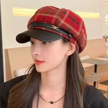 Сращивание полей из искусственной кожи ретро-шотландка с надписью и маленькой этикеткой восьмиугольная шляпа для детей весна-осень путешествия темперамент универсальная шляпа газетчика M56-58cm