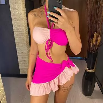 Сращивание с оборками саронг морщинистый бикини женский купальник женский купальник из трех частей бикини комплект купальный костюм купальный костюм S синий