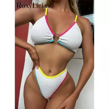 Сращивание средней талии с высоким вырезом, женский купальник, женский купальник, комплект бикини из двух частей, купальный костюм, купальный костюм для леди S белый