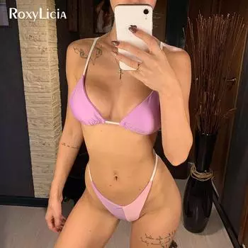 Сращивание стринги бикини женский купальник женский купальник из двух частей комплект бикини купальный костюм S розовый/фиолетовый