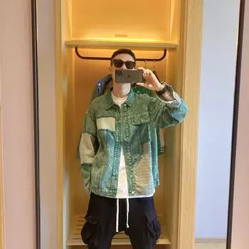 Сращивание ткани наклейка джинсовая куртка мужская модный бренд американский дизайн Sense Niche свободная куртка мужская повседневная верхняя часть M зелёный