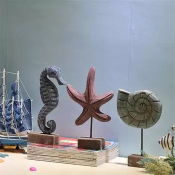 Средиземноморские изделия из дерева, морская звезда, раковина, морской конек, фигурки, резьба по дереву, миниатюры, домашний декор, украшения для гостиной