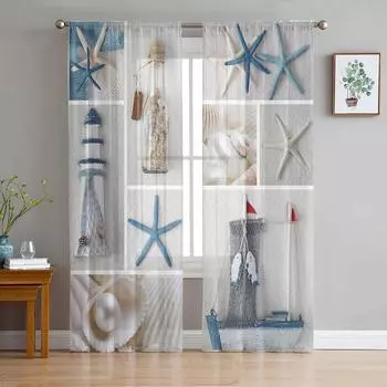 Средиземноморский маяк, морская звезда, тюль, шторы для гостиной, спальни, кухни, шифон, прозрачная вуаль, оконные шторы W135 x H115cm x1&Rod Pocket