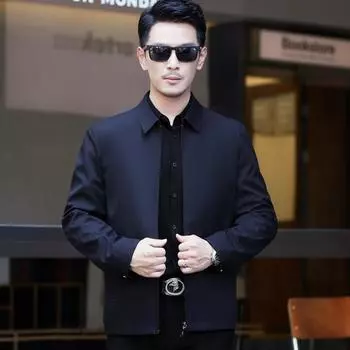 Среднего возраста куртка высокого класса мужская однотонная с лацканами, не требующая глажки, деловая повседневная простая верхняя одежда на осень выглядит молодежно и изящно 170