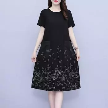 Среднего возраста мама свободного покроя платье прикрывающее живот летнее новое черное универсальное прямое платье юбка ретро омолаживающее L чёрный