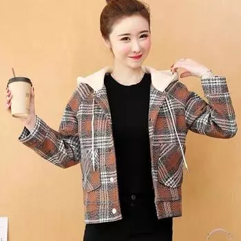 Среднего возраста Мать Повседневный Темперамент Клетчатый Большой Размер Короткое Пальто Женский Маленький Топ M бежевый