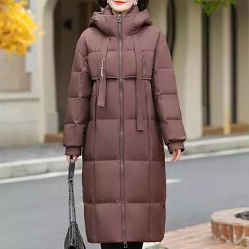 Среднего возраста Женские зимние длинные пуховики Винтаж Плюс Размер Prakas С капюшоном Свободные Элегантные Толстые Теплые пуховики Женское пальто XL чёрный