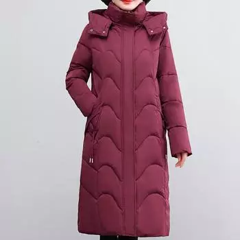 Среднего возраста Женское длинное пальто с капюшоном Зимнее пальто Повседневные толстые теплые элегантные парки Женские куртки XL чёрный