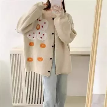 Средней длины осень-зима большой размер свободный ретро вязаный кардиган женский мягкий цветочный свитер пальто One Size зелёный