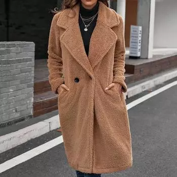 Средней длины теплое пальто из искусственного меха ягненка женское зимнее плюшевое пальто с отворотом модная свободная роскошная пушистая куртка S коричневый