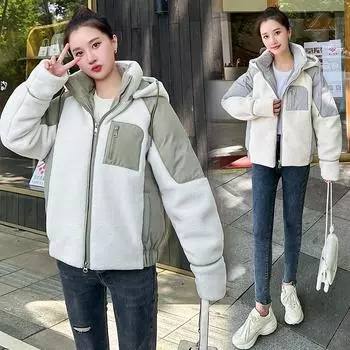 Средней и длинной овечьей шерсти мода универсальный утолщенный с капюшоном утолщенный теплый свободный новый простой тренд с хлопковой подкладкой для женщин M чёрный