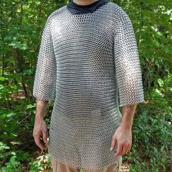 Средневековая кольчужная рубашка с креплением на шее и капюшоном - броня Habergeon с коротким рукавом, средний размер (Подходит для груди) как