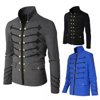 Средневековая мужская вышитая двубортная куртка с узким воротником-стойкой и однотонным длинным рукавом S