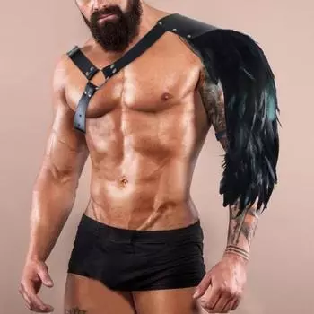 Средневековая шаль с перьями Панк Готический костюм из искусственной кожи Доспехи Хэллоуин Косплей Регулируемые плечевые доспехи Маска для выступлений Двойное плечо чёрный