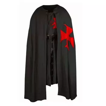 Средневековая туника рыцарь-тамплиер, костюм на Хэллоуин, кепка с капюшоном, плащ, пальто эпохи Возрождения, костюмы для косплея, размер (S-6XL) S чёрный