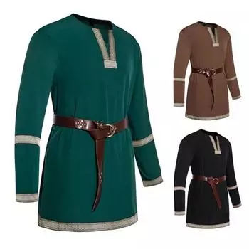 Средневековая туника викингов, рубашка с v-образным вырезом и длинными рукавами, вышивка, унисекс, косплей, сцена, события эпохи Возрождения, костюм на Хэллоуин, пиратский топ S