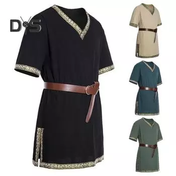 Средневековая туника викингов, рубашка с v-образным вырезом и короткими рукавами, вышивка с поясом, косплей, сцена, события эпохи Возрождения, костюм на Хэллоуин, пиратский топ S чёрный