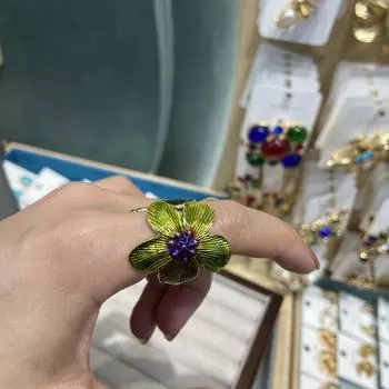 Средневековое медное игольчатое золотое трехмерное цветочное кольцо с эмалью, капающее зеленое раскрывающееся кольцо с цветком, милое
