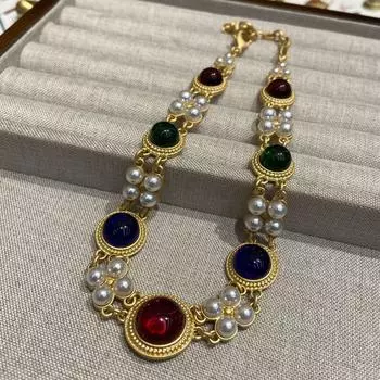Средневековое ожерелье с цветным круглым глазурованным жемчугом, двойная ключичная цепочка, винтажное ожерелье в стиле суда