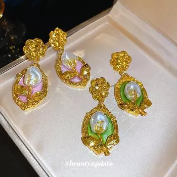 Средневековые цветочные жемчужные серьги: Серебряная игла Французская живопись маслом Стиль Silver Needle-Gold зелёный