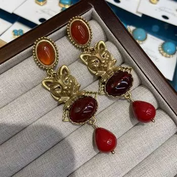 Средневековые русские золотые янтарные серьги-кошки, западные серьги в стиле тяжелой промышленности, европейские преувеличенные ювелирные изделия, ретро-темпераментные серьги