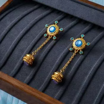 Средневековые синие длинные женские серьги
