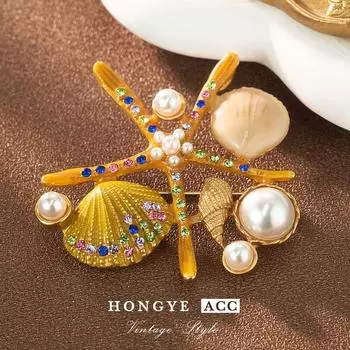 Средневековые украшения в стиле ретро с циркониевым жемчугом и медным покрытием из 18-каратного золота в виде ракушки-звезды Feeling Niche 18K