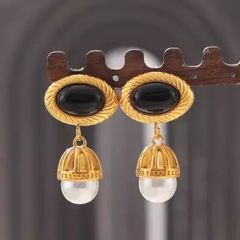Средневековые винтажные геометрические серьги с черным агатом и имитацией жемчуга, бахромой, титановая сталь, покрытая 18-каратным золотом, новые серьги в стиле суда