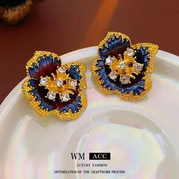 Средневековые винтажные серебряные серьги-игл с бриллиантами в форме цветка — роскошный дворцовый стиль, эксклюзивный дизайн Silver Needle золотой/синий