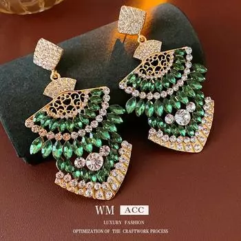 Средневековые винтажные веерообразные зеленые серьги из серебра и бриллиантов - элегантная ретро-роскошь для женщин Silver Needle золотой