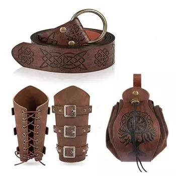 Средневековый комплект пояса и наручей Винтажный пояс и сумка на шнурке Викинг Пират Рыцарь чёрный