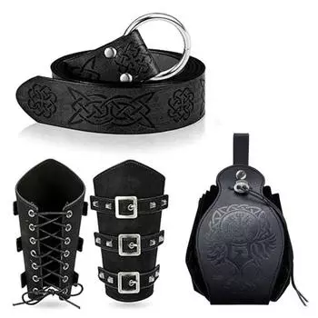 Средневековый комплект пояса и наручей, винтажный пояс и сумка-шнурок, аксессуары для костюма рыцаря-пирата викинга для мужчин и женщин чёрный