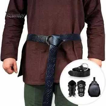Средневековый комплект пояса и наручей, винтажный пояс и сумка-шнурок, аксессуары для костюма рыцаря-пирата викинга для мужчин и женщин чёрный