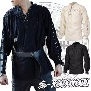 Средневековый костюм для косплея, скандинавский викинг, пират, модная мужская повязка, рубашка в стиле Ренессанс с длинными рукавами, рыцарь, панк, мужская рубашка воина 2XL бежевый